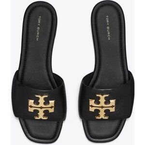 Tory Burch Eleanor Leather Slides Gold Hardware Black Size 6.5